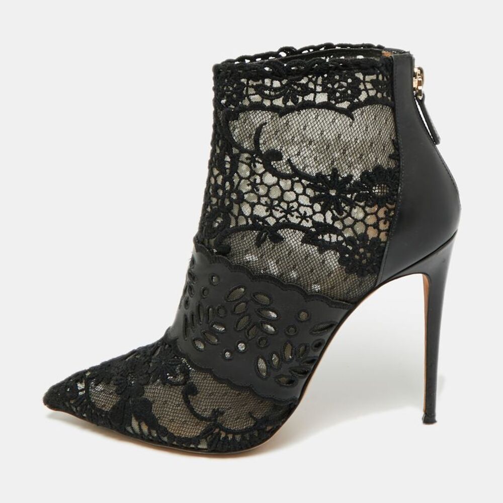 Valentino Fusion Size 39 Black Lace And Leather Ankle Length Boots
